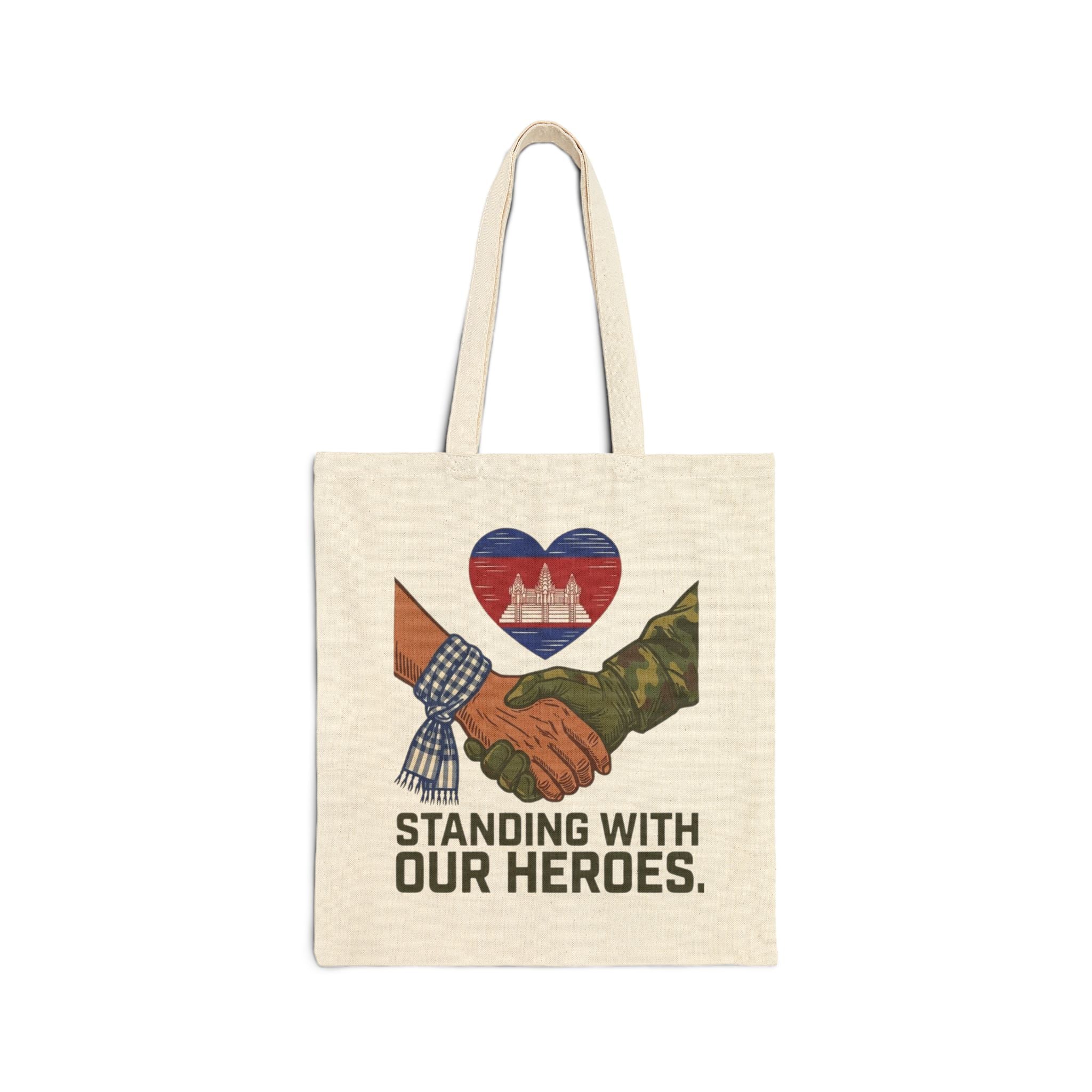 Standing With Our Heroes tote bag | Cambodian flag heart, military support