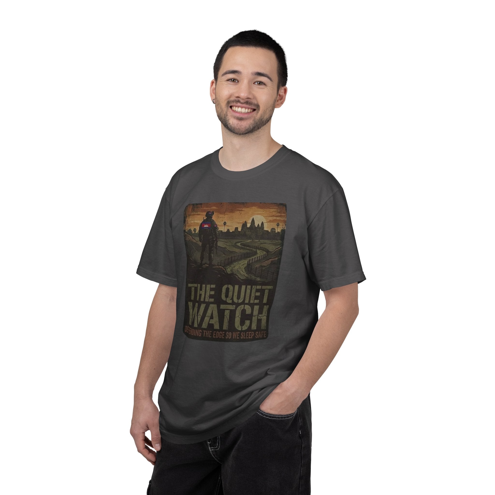 The Quiet Watch graphic T-Shirt | post-apocalyptic guard silhouette, city skyline