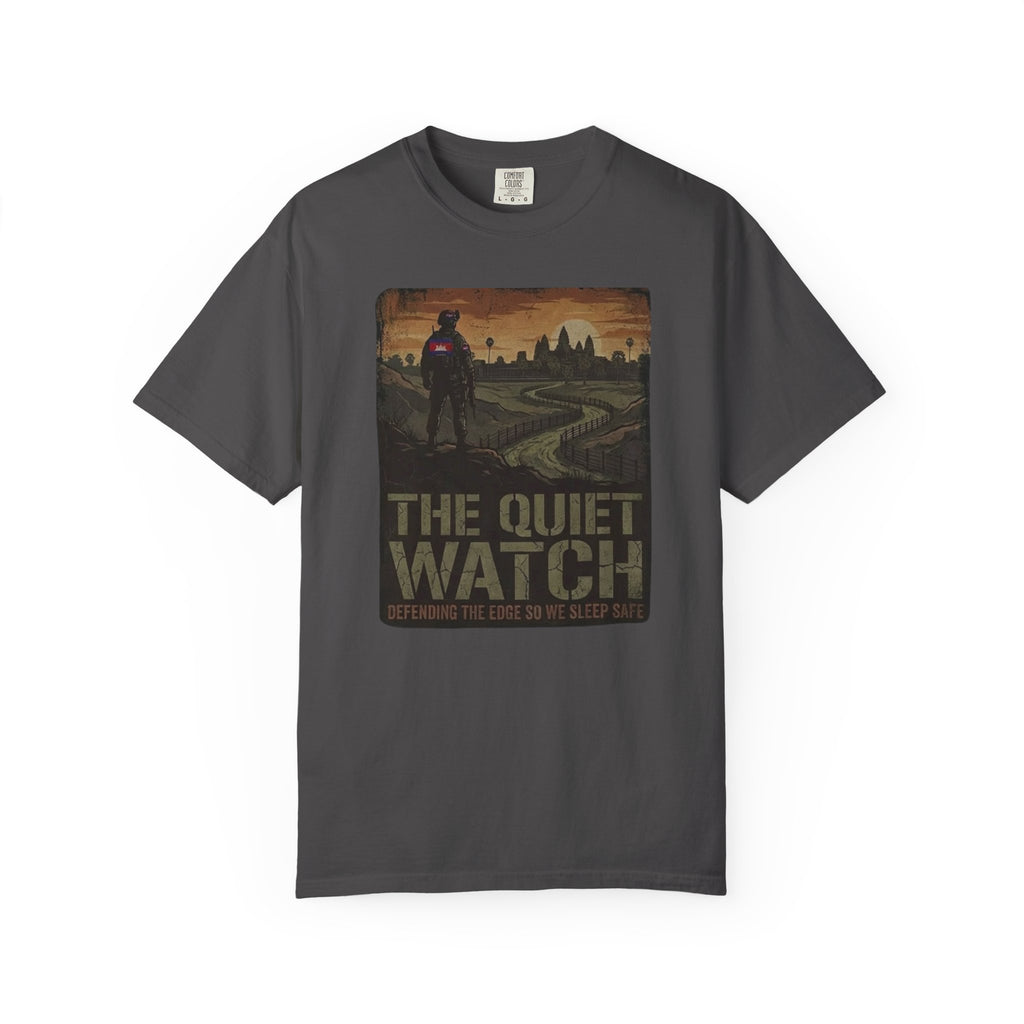 The Quiet Watch graphic T-Shirt | post-apocalyptic guard silhouette, city skyline