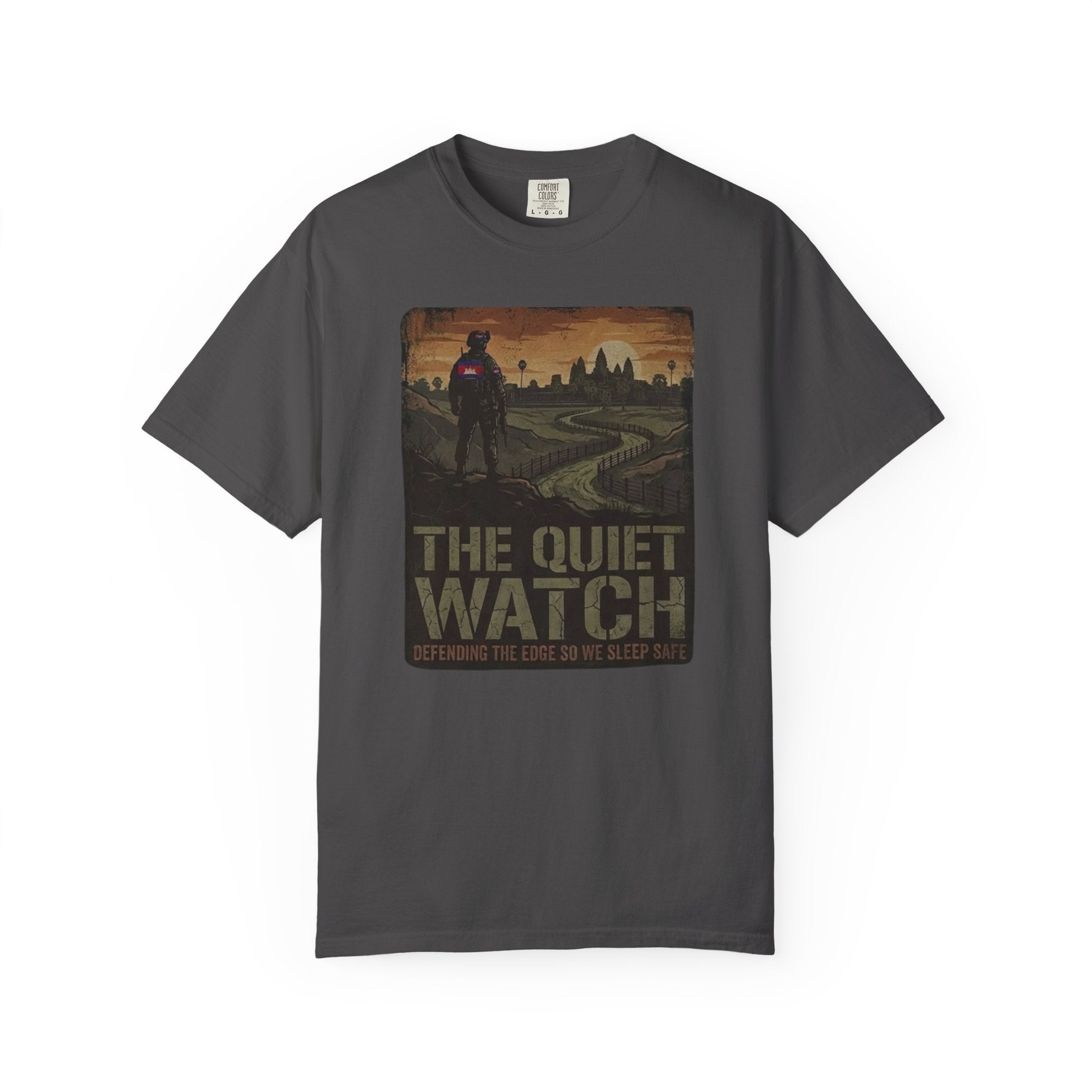 The Quiet Watch graphic T-Shirt | post-apocalyptic guard silhouette, city skyline