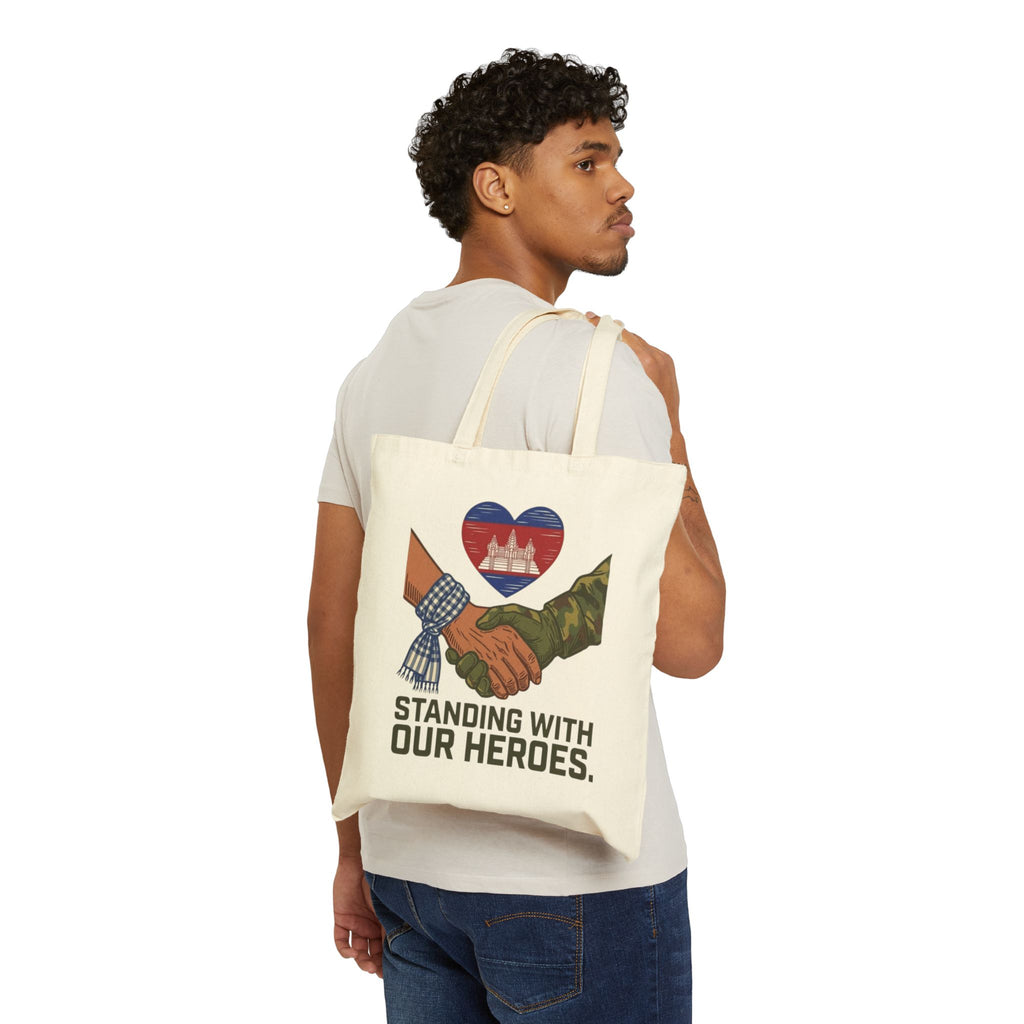 Standing With Our Heroes tote bag | Cambodian flag heart, military support