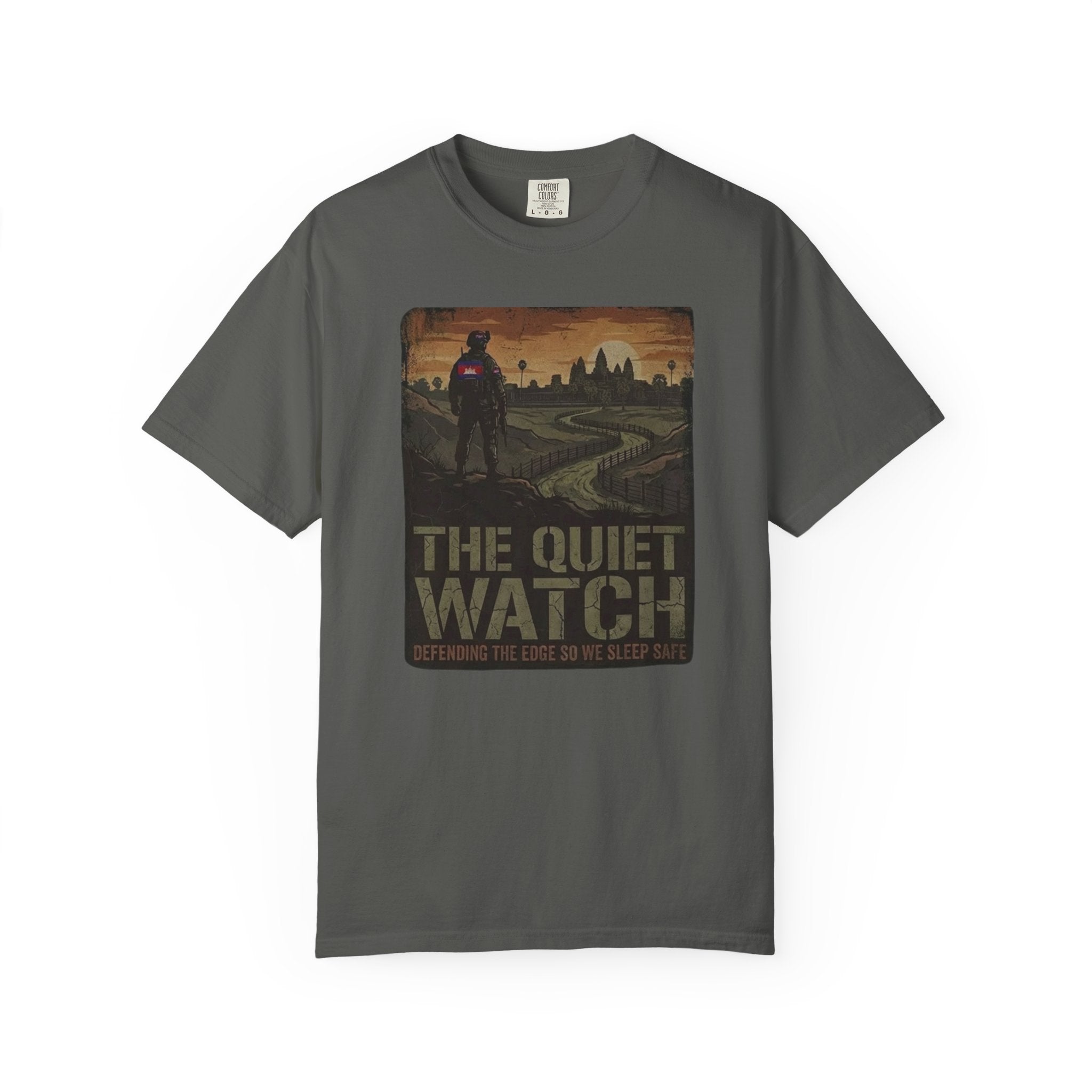 The Quiet Watch graphic T-Shirt | post-apocalyptic guard silhouette, city skyline