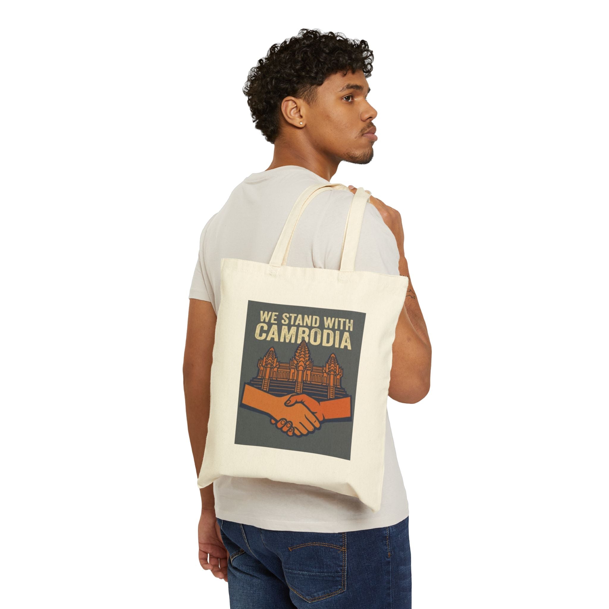 We Stand With Camrodia Tote Bag | Handshake, Temple Illustration, Solid Canvas