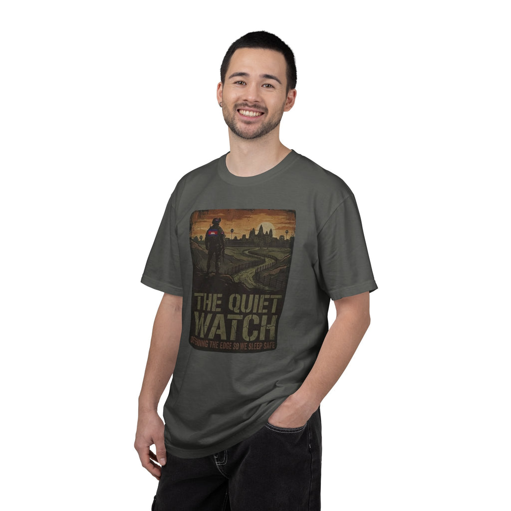 The Quiet Watch graphic T-Shirt | post-apocalyptic guard silhouette, city skyline